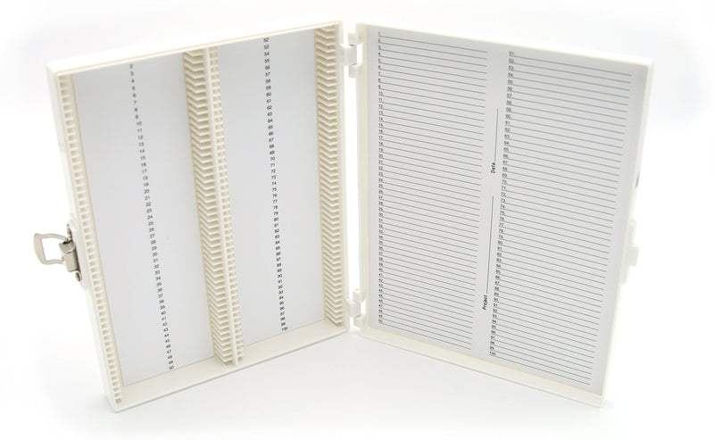 Heathrow Scientific HD15994R White Foam Lined 100 Place Microscope Slide Box, 8.25" Length x 7" Width x 1.3" Height