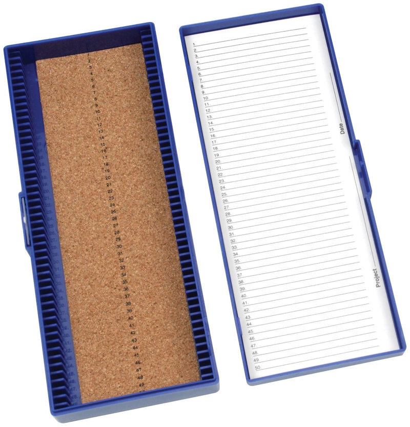 [AUSTRALIA] - Heathrow Scientific HD15996A Blue Cork Lined 50 Place Microscope Slide Box, 8.3" Length x 3.38" Width x 1.25" Height 
