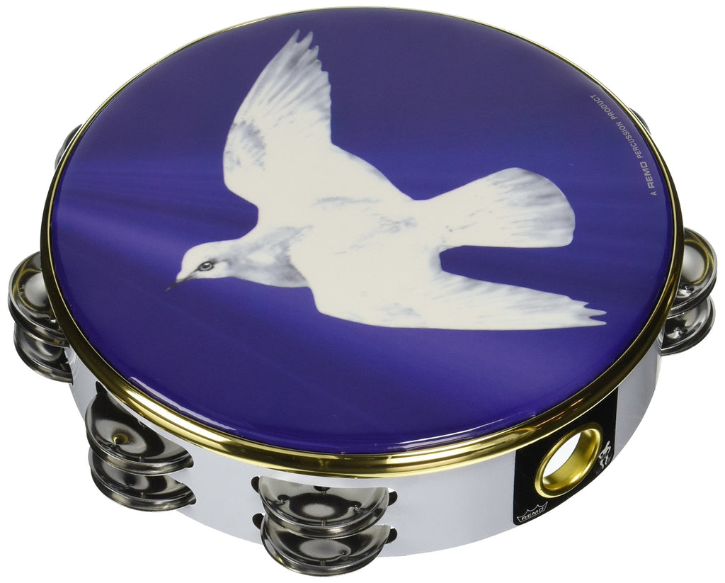 Remo Tambourine, 8" Diameter, 8 Pairs Jingles x 2 Rows, 'Religious Dove' Graphic