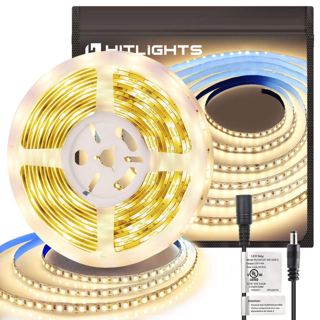 [AUSTRALIA] - HitLights Warm White LED Strip Lights, UL-Listed Premium High Density 2835-16.4 Feet, 600 LEDs, 3000K, 44W, CRI 90+, 12V DC LED Tape Lights for Under Cabinet, Kitchen, Lighting Project Indoor Use - 600LED 