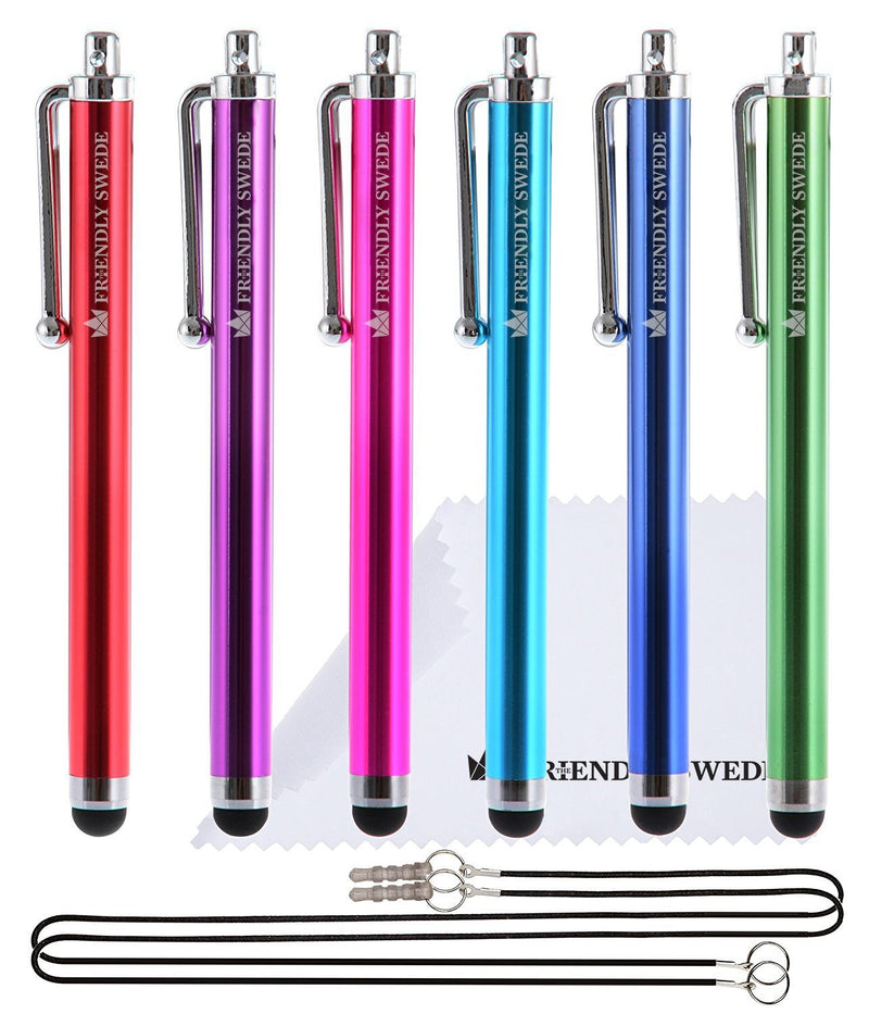 Capacitive Touch Screen Stylus Pens 4.5", 6-Pack - Including 2 x 15 Lanyards and Screen Cleaning Cloth by The Friendly Swede (Red, Purple, Pink, Light Blue, Dark Blue, Green) Red, Purple, Pink, Light Blue, Dark Blue, Green