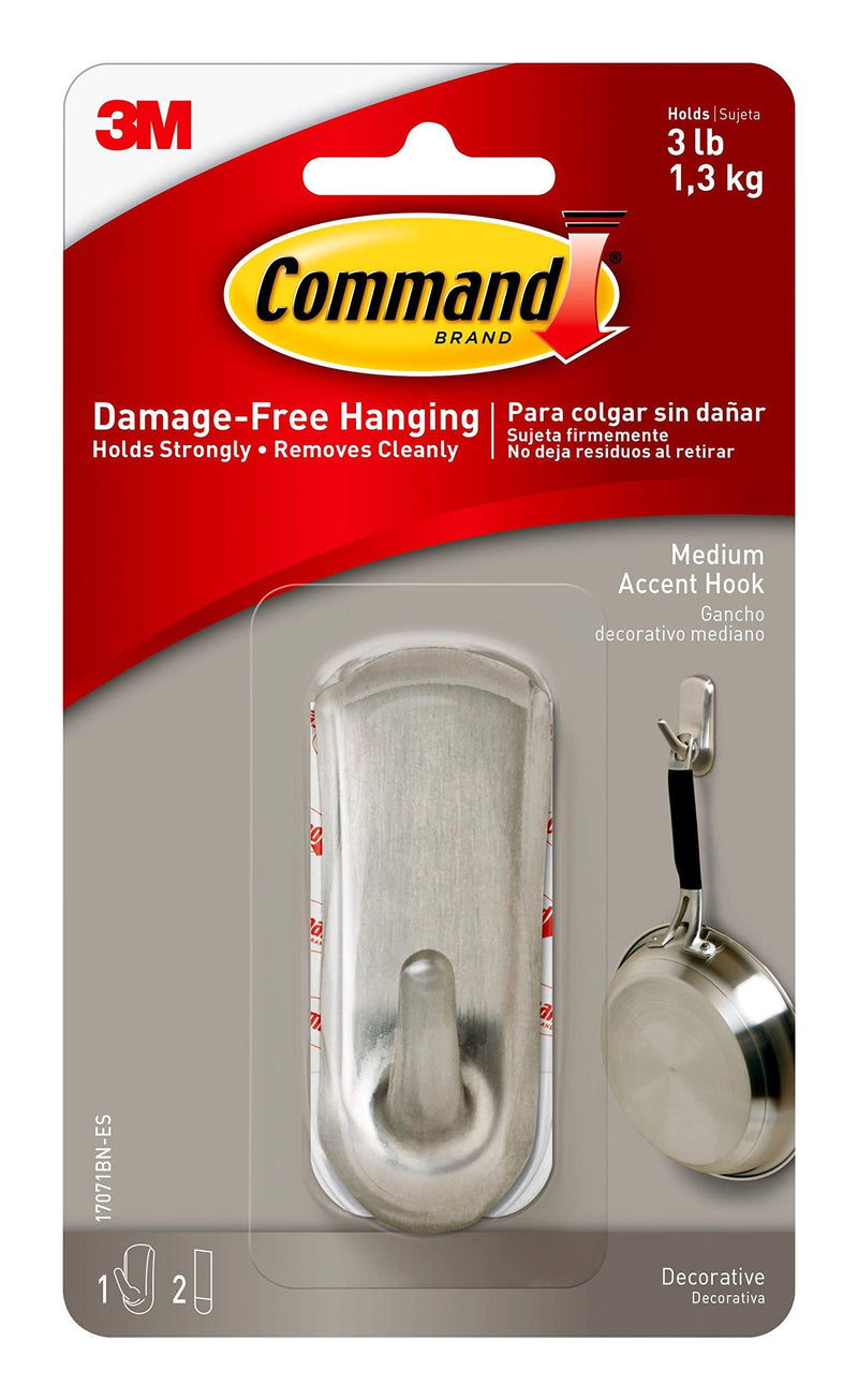 Command Medium Accent Hook, Brushed Nickel, 1 Hook, 2-Strips, Decorate Damage-Free