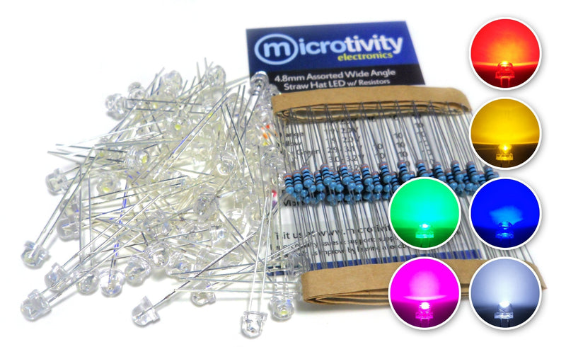 microtivity IL386 4.8mm Assorted Wide Angle Straw Hat LED w/Resistors (6 Colors, Pack of 60)