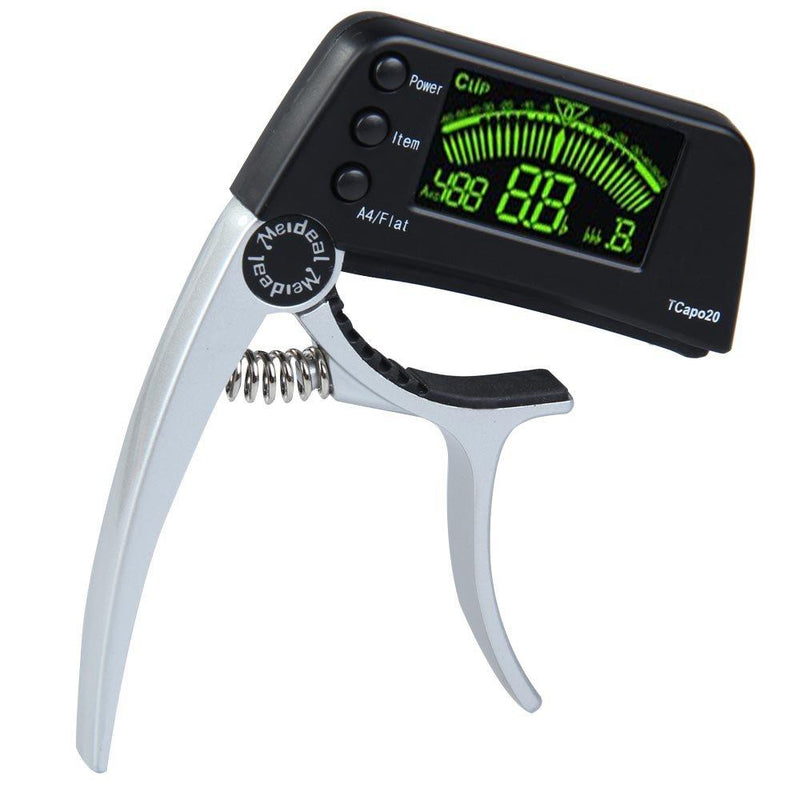 Flonzo Professional Tuner and Capo Combination for Acoustic and Electric and Bass Guitars, Ukelele - Silver