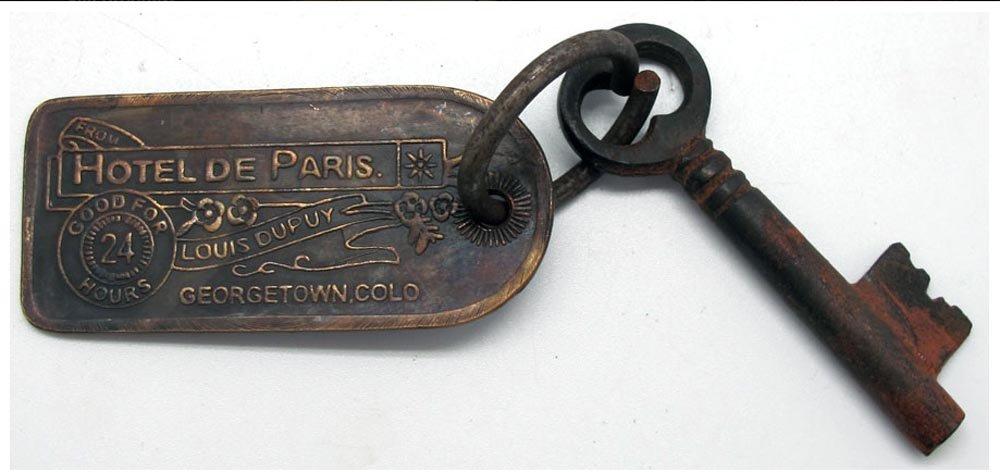 Collectible Badges Hotel de Paris Antique Replica Hotel Key, Old West Hotel Whore House Brothel Room Key Cast Iron w/Brass Tag Keychain Set