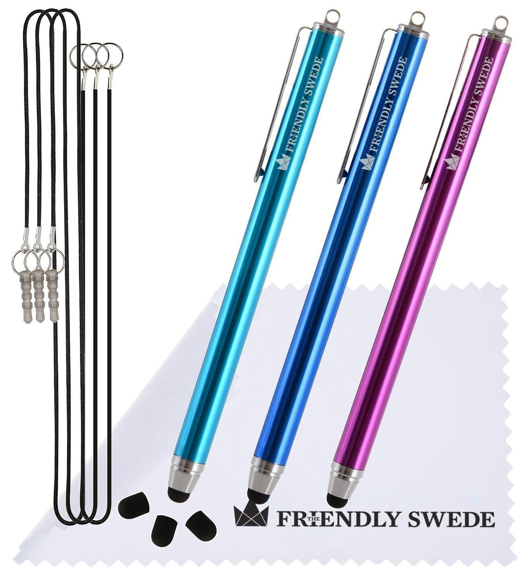 High Precision Stylus Pens for Touch Screens - 3pcs 5.5" Stylus Pen with Replaceable Thin-Tip - Universal Capacitive Styli + Replacement Tips, Lanyards + Cleaning Cloth by The Friendly Swede (Aqua Blue/Dark Blue/Purple) Aqua Blue/Dark Blue/Purple