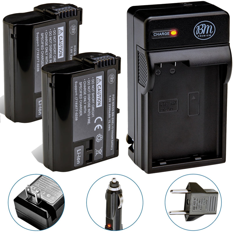 BM Premium 2-Pack of EN-EL15 Batteries and Battery Charger Kit for Nikon D850, D7500, 1 V1, D500, D600, D610, D750, D800, D810, D810A, D7000, D7100, D7200 Digital SLR Camera
