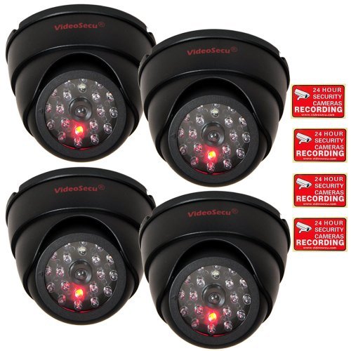 VideoSecu 4 Pack Dome Dummy Fake Infrared IR CCTV Surveillance Security Cameras Imitation Simulated Blinking LED with Security Warning Stickers C4B