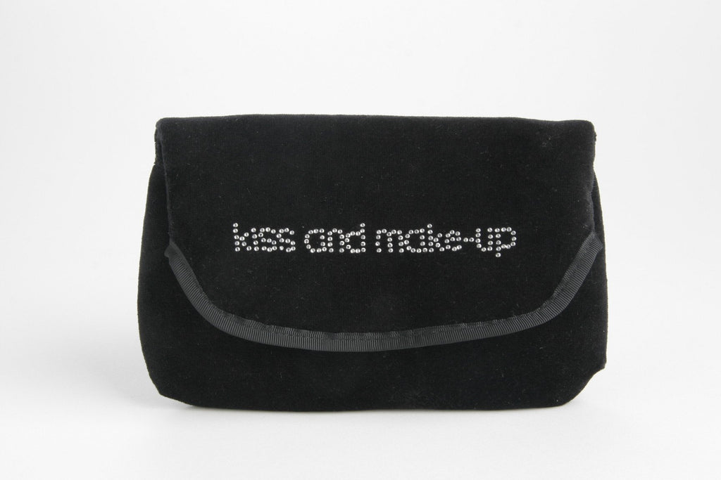 Miamica Rhinestone Embroidered"kiss and make-up" Black Velvet Pattern Make Up Case and Mirror Travel Cosmetic Bag Organizer