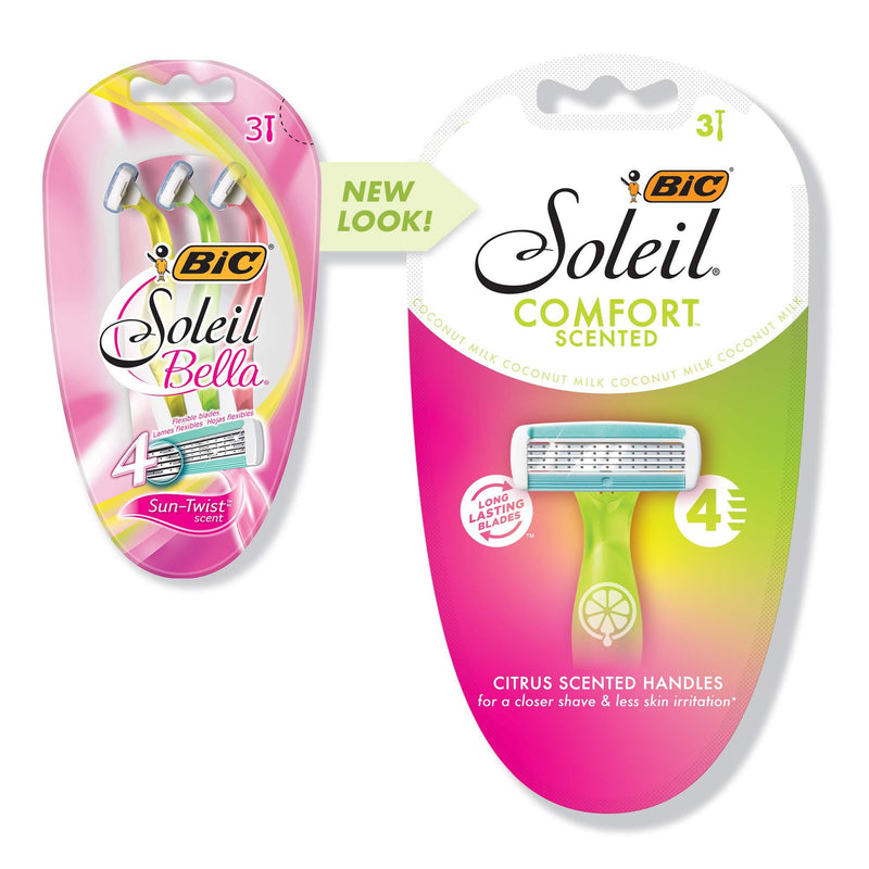 BIC Soleil Comfort, 4 Flexible Blades and Comfortable Grip, Disposable Razors for Women, Assorted Colors, 3-Count 3 Count (Pack of 1) Sun-Twist Scent
