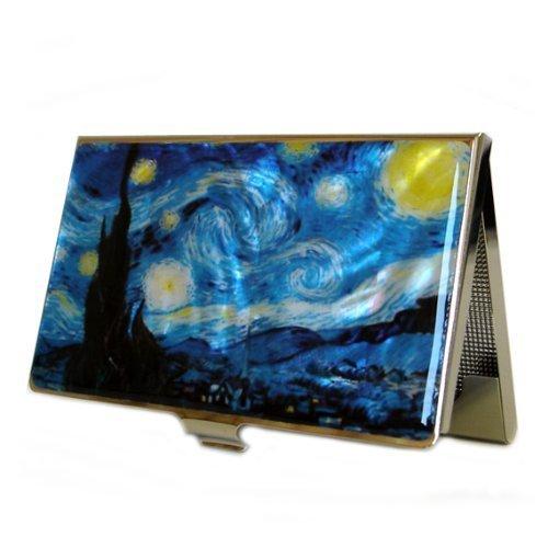 Mother of Pearl Starry Night by Van Gogh Art Painting Design Business Credit Name Card Holder Case Metal Stainless Steel Engraved Slim Purse Pocket Cash Money Wallet