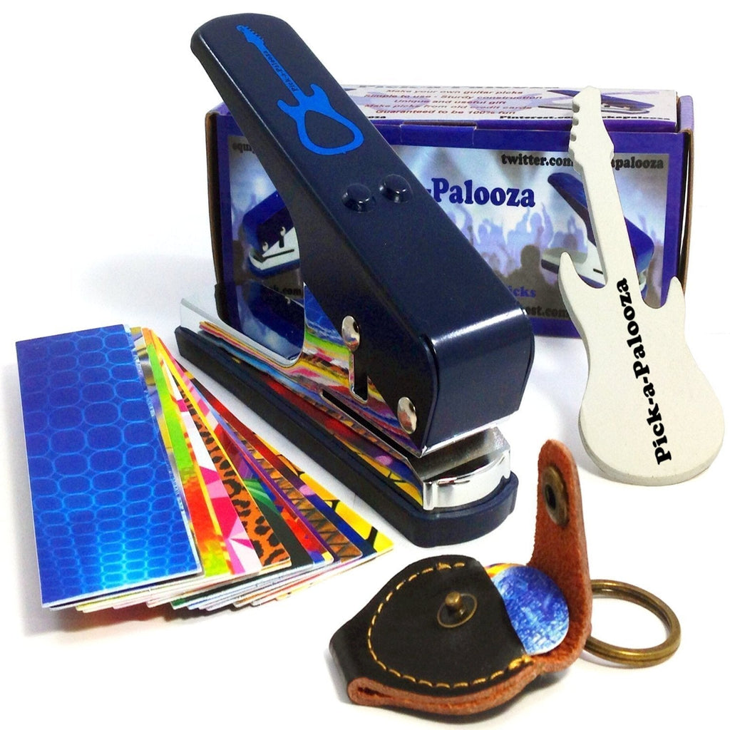 Pick-a-Palooza DIY Guitar Pick Punch Mega Gift Pack - the Premium Pick Maker - Leather Key Chain Pick Holder, 15 Pick Strips and a Guitar File - Blue Blue/Silver