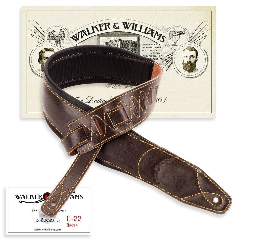 Walker & Williams C-22 Dark Brown Premium Top Grain Leather Padded Guitar Strap Extra Wide