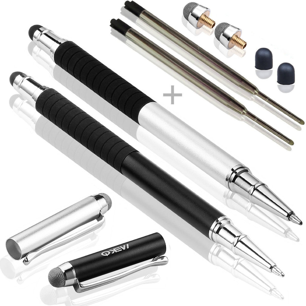 MEKO Stylus Pen 3 in 1 Rubber Tip and Micro Fiber Tip Stylus/Styli Ballpoint Pen (2Pcs) Metal Barrel with Rubber Grip Bundle with 2 Replacement Fiber Tips, 2 Rubber Tips,2 Refill Ink -Silver