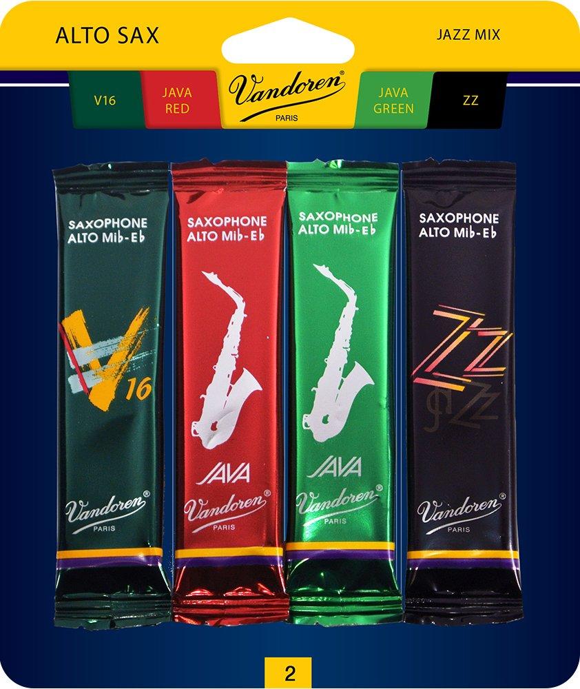 Vandoren SRMIXA2 Alto Sax Jazz Reed Mix Card includes 1 each ZZ, V16, JAVA and JAVA Red Strength 2