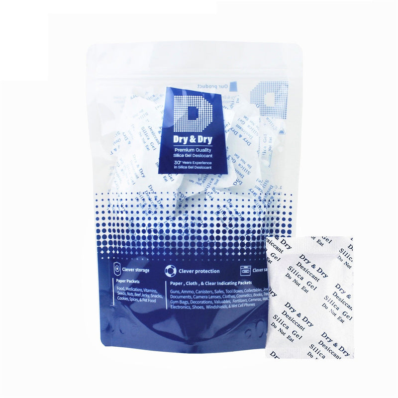 Dry & Dry 5 Gram [50 Packets] Premium Pure and Safe Silica Gel Packets Desiccant Dehumidifiers, Silica Gel Packs - Rechargeable (Food Safe) Moisture Absorbers, Desiccant Packets 50 Pack