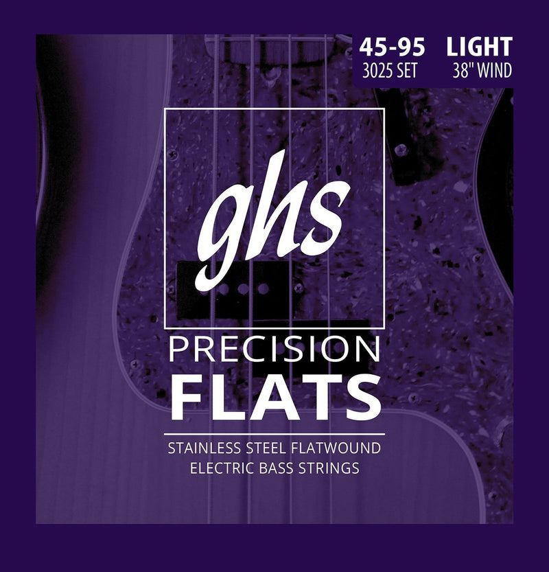 GHS Strings 4 Precision Flats, Stainless Steel Flatwound Bass Strings, 38" Winding, Light (.045.095) (3025)