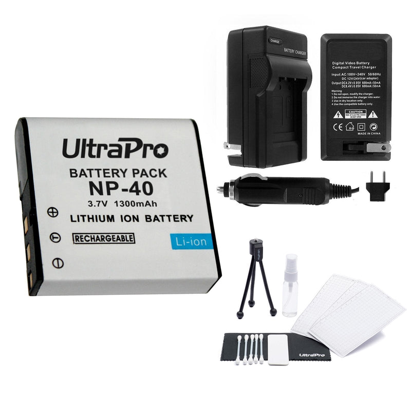 NP-40 High-Capacity Replacement Battery with Rapid Travel Charger for Select Casio Digital Cameras. UltraPro Bundle Includes: Camera Cleaning Kit, Screen Protector, Mini Travel Tripod