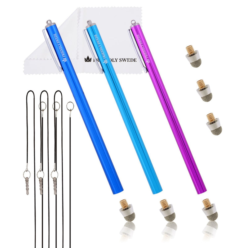 The Friendly Swede Extra Long Replaceable Fiber Tip Stylus 7.3" - 3 Premium XXL Micro-Knit Capacitive Stylus Pens + Elastic Tether Lanyards & Spare Tips (Purple + Dark Blue + Light Blue) Purple + Dark Blue + Light Blue