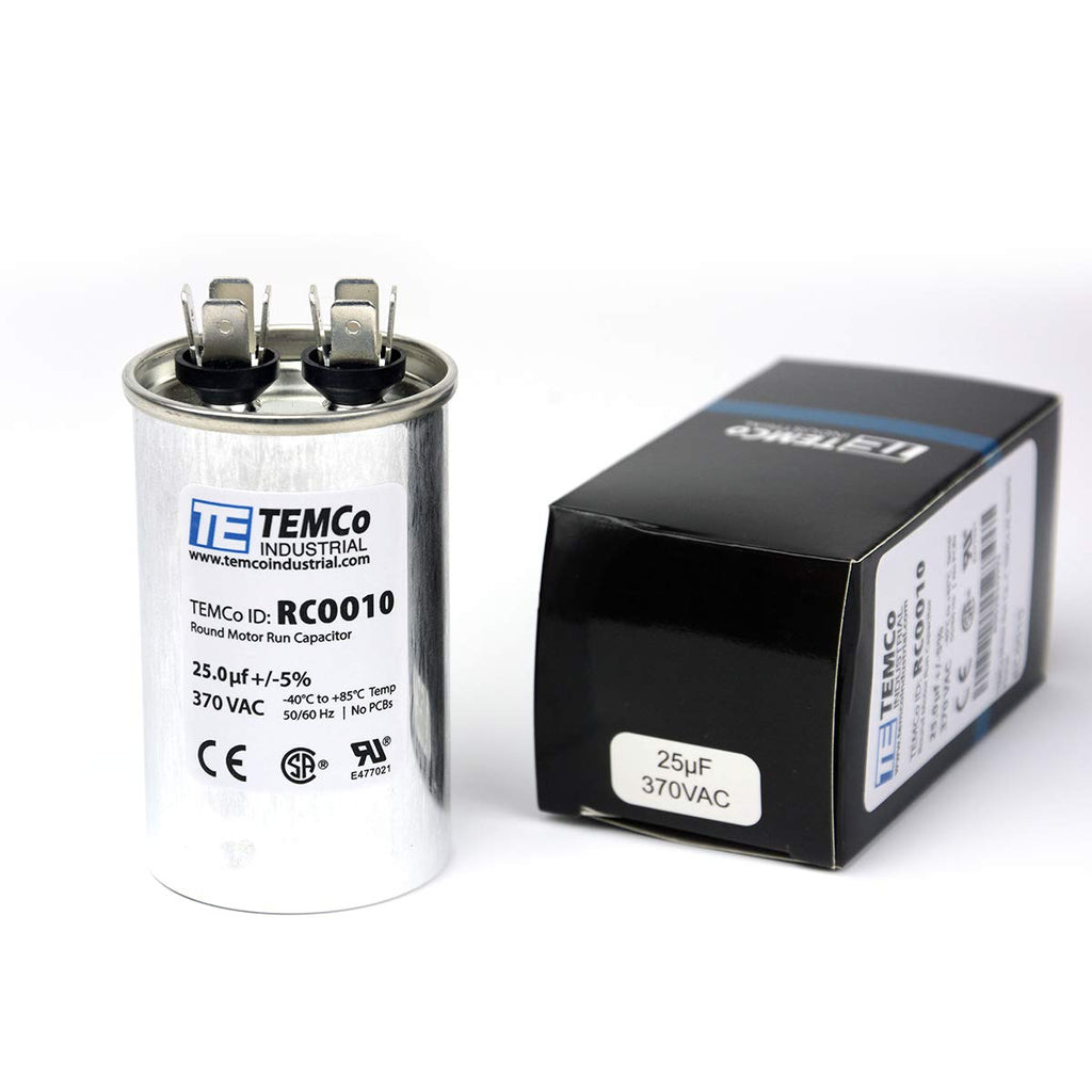 TEMCo 25 uf/MFD 370 VAC Volts Round Run Capacitor 50/60 Hz AC Electric - Lot -1 (Optional uf/MFD, Voltage and Lot Quantities Available) 25 uf (1 Pack)