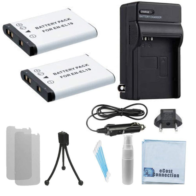 (2) EN-EL19 Batteries for Nikon Cameras, Battery Charger & eCostConnection Starter Kit 2 Batteries and Charger