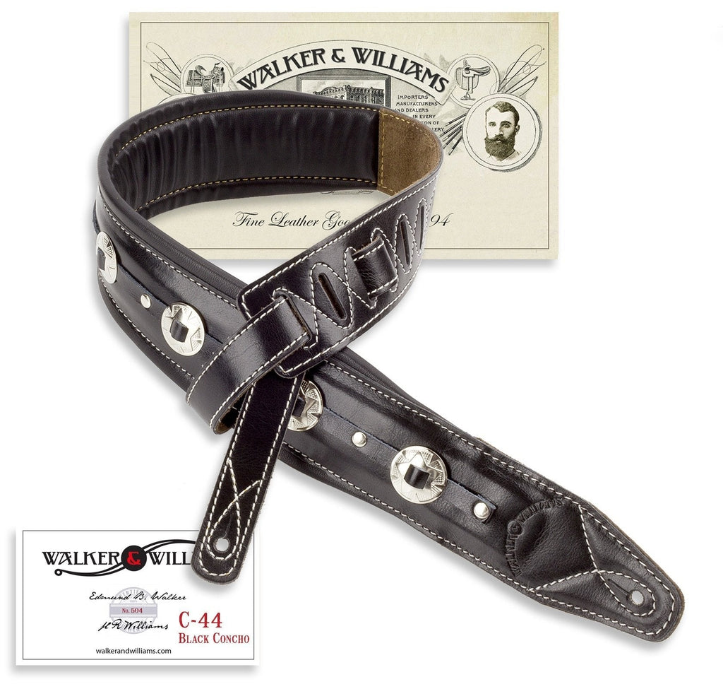 Walker & Williams C44 Premium Top Grain Black Leather Padded Concho Strap for Guitar or Bass 3.5" Wide