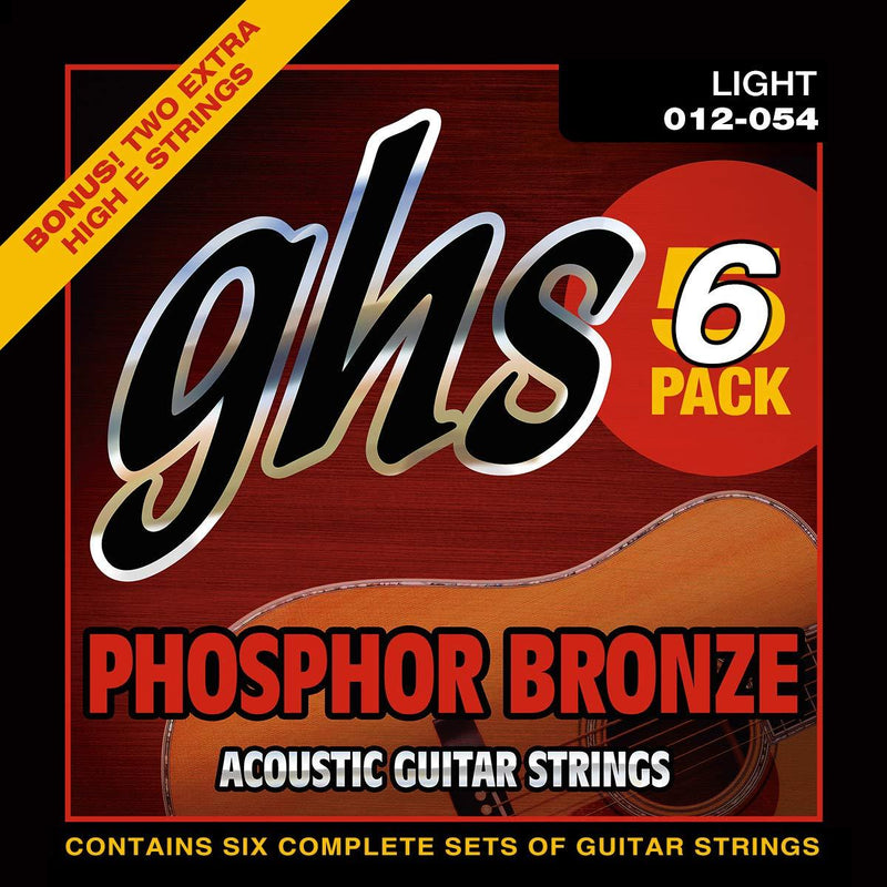 GHS Strings S325-5 Phosphor Bronze Acoustic Guitar Strings, Light, 6 Pack (.012-.054)