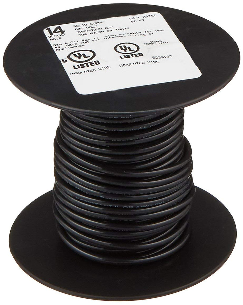 SOUTHWIRE COMPANY LL 11579041 50' 14SOL BLK THHN Wire, 14 Guage, Black