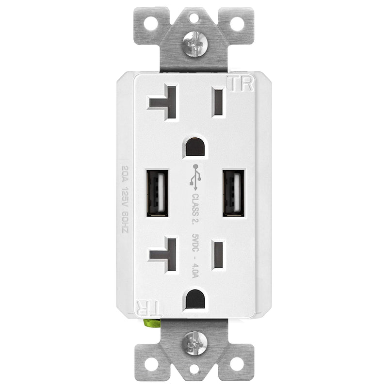 TOPGREENER USB Wall Outlet 4A USB Outlet, 20A TR Receptacle, Compatible with iPhone SE/11/XS/XR/X/8, Samsung Galaxy S20/S10/S9/Note, LG, HTC & More, TU2204A, White 20amp Type A