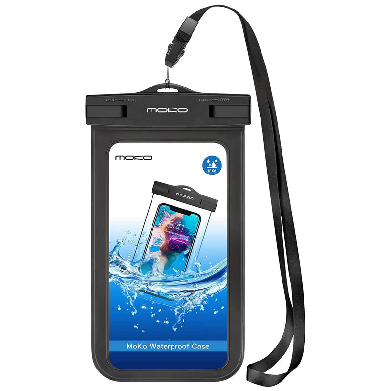 MoKo Waterproof Phone Pouch Holder, Underwater Cellphone Case Dry Bag with Lanyard Armband Compatible with iPhone 12 Mini/12 Pro, iPhone 11 Pro Max, Xr/Xs Max, 8, Samsung S21/S20/S10/S9, A10E, Note 10 Black