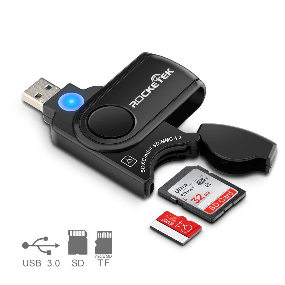 Rocketek RT-CR3A 11 In 1 USB 3.0 Memory Card Reader/Writer with A Build-in Card Cover and 2 Slots (SD Card + Micro SD Card) for SDXC, Uhs-I SD, SDHC, SD, Micro SDXC, Micro SDHC, Micro SD, MMC Memory Cards USB 3.0 card reader