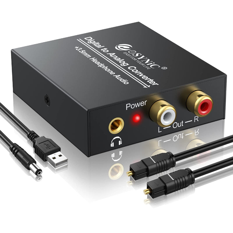 eSynic 192KHz DAC Digital to Analog Audio Converter Digital Optical SPDIF Coaxial to Analog L/R RCA Converter Toslink to 3.5mm Jack Audio Adapter with 1m Optical Cable for HDTV Blu Ray HD DVD TV