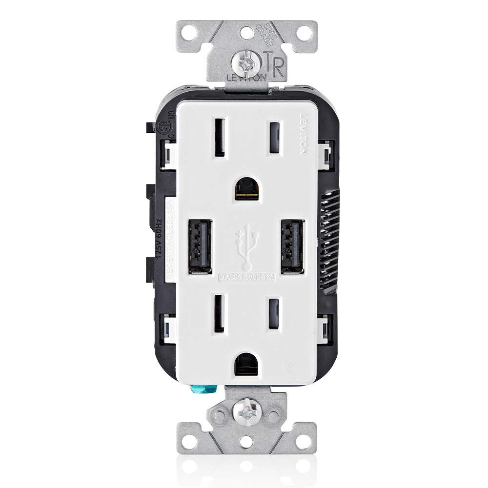 Leviton T5632-W 15-Amp Charger/Tamper Resistant Duplex Receptacle, 1-Pack, White