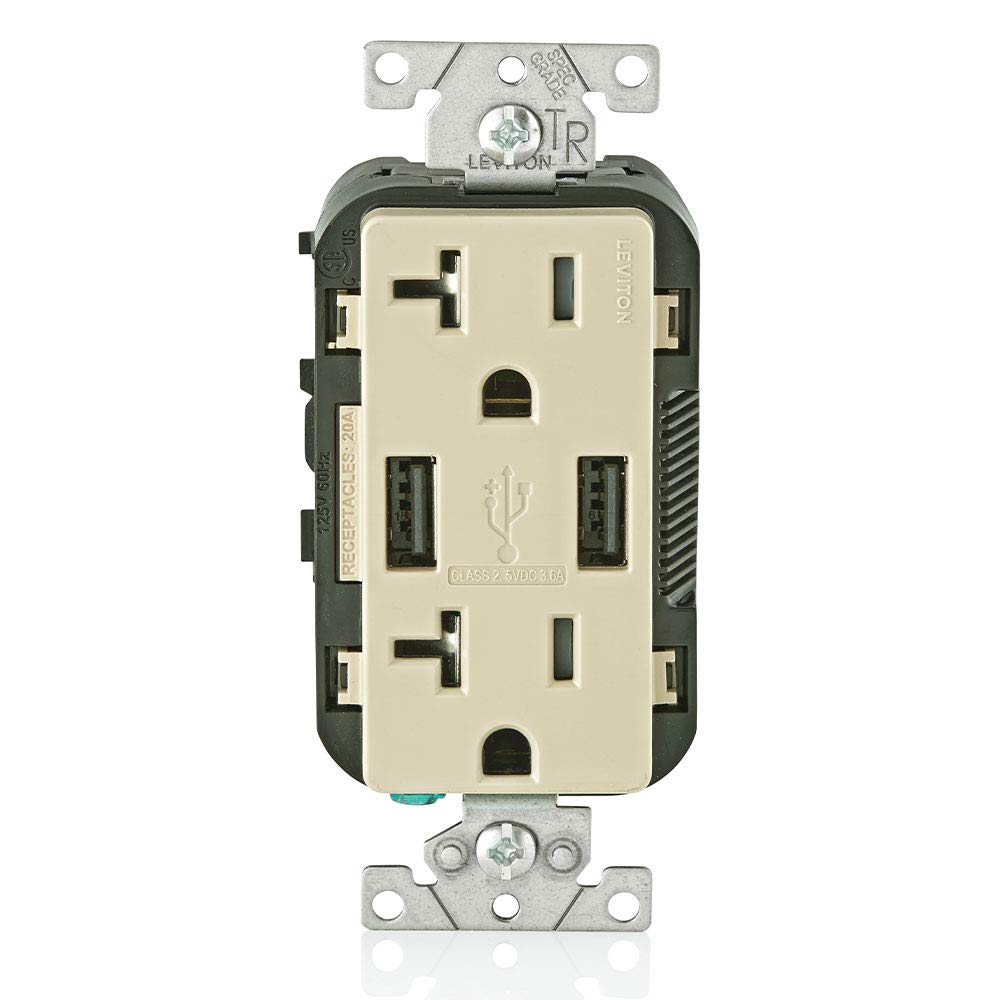 Leviton T5832-I 20-Amp USB Charger/Tamper Resistant Duplex Receptacle, Ivory 1 Pack