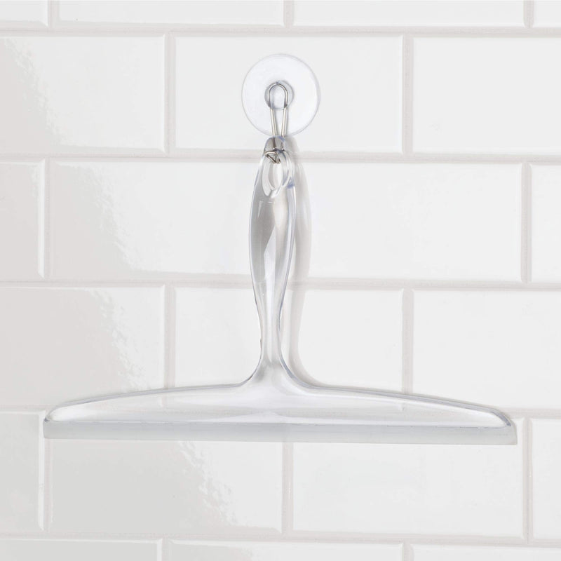iDesign Plastic Bath Squeegee for Glass with Suction Hook Holder – 12", Clear