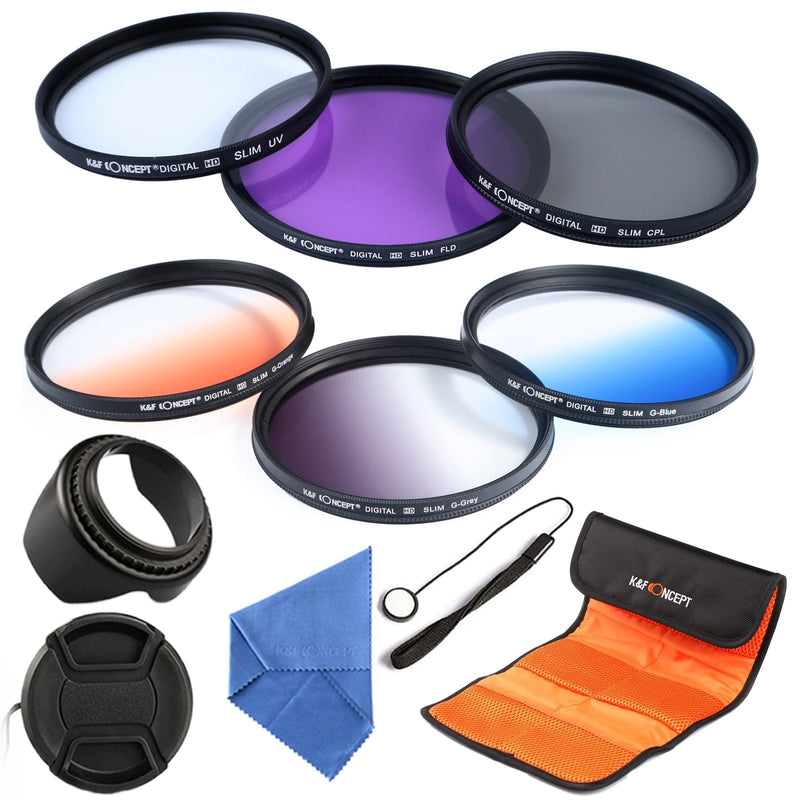 K&F Concept 55mm 6pcs Lens Accessory Filter Kit UV Protector Circular Polarizing Filter for Sony A37 A55 A57 A65 A77 A100 DSLR Cameras - Includes Filter Kit( UV+CPL+FLD,Graduated Color Blue,Orange,Gray) + Microfiber Lens Cleaning Cloth + Petal Lens Hoo...