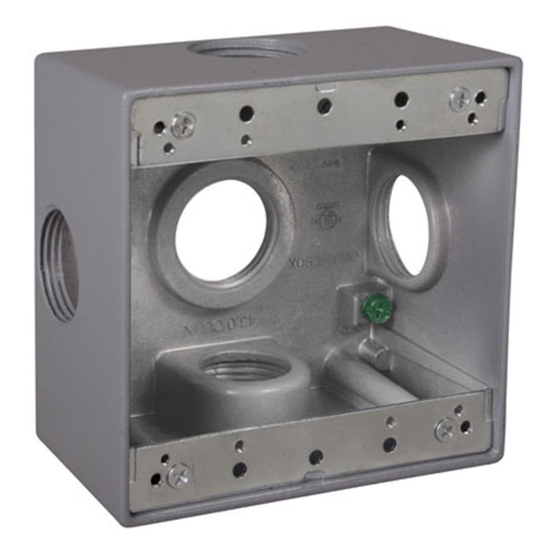 TayMac DD5100XS 4-1/2-Inch X 4-1/2-Inch Gang Weatherproof Box, 1-Inch Outlets, Side Lug, Gray