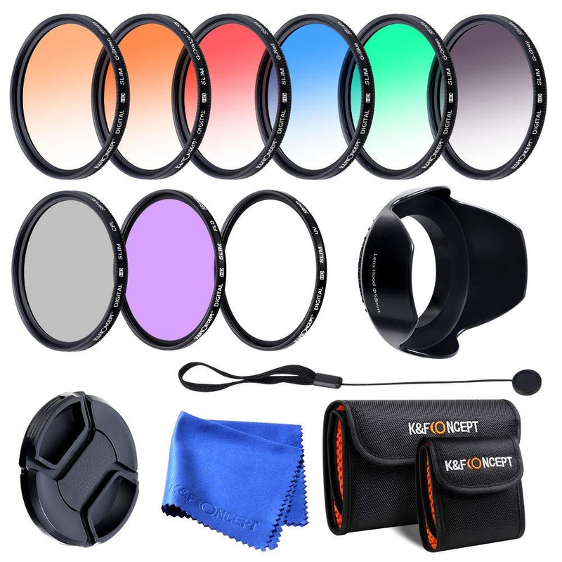 K&F Concept 58mm UV CPL FLD Graduated Filter Lens Accessory 9pcs Filter Kit UV Protector Circular Polarizing Filter + Microfiber Lens Cleaning Cloth + Petal Lens Hood + Filter Bag Pouch