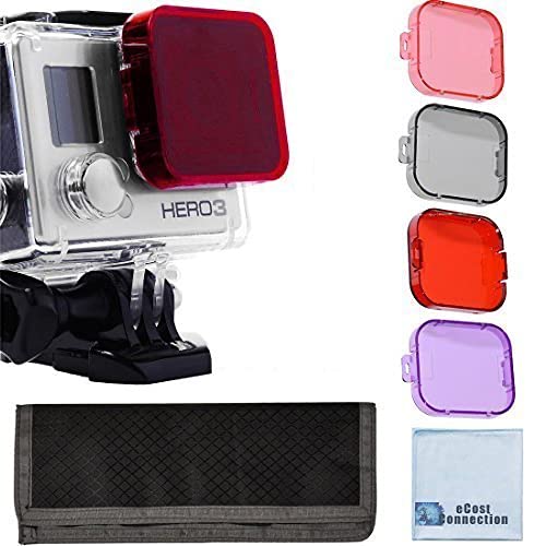 4pc Filter Kit For GoPro Hero 3 Large Dive case. Filters come w/ Soft Case. Red, Purple, Pink and Gray Colors. Scuba Green Water, Scuba Tropical Water, ND & Warming Filters & an eCostConnection Microfiber Cloth for Hero3