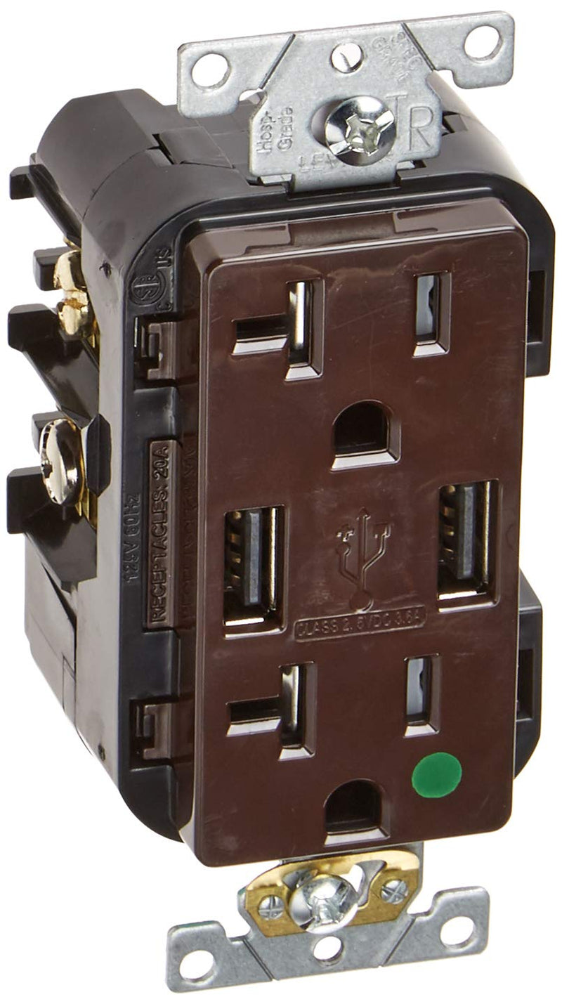 Leviton T5832-HG 20-Amp Hospital Grade USB Charger/Tamper-Resistant Duplex Receptacle, Brown