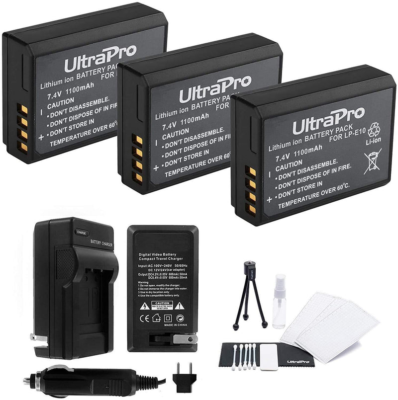 3-Pack LP-E10 High-Capacity Replacement Batteries with Rapid Travel Charger for Select Canon Digital Cameras. UltraPro Bundle Includes: Camera Cleaning Kit, Screen Protector, Mini Travel Tripod