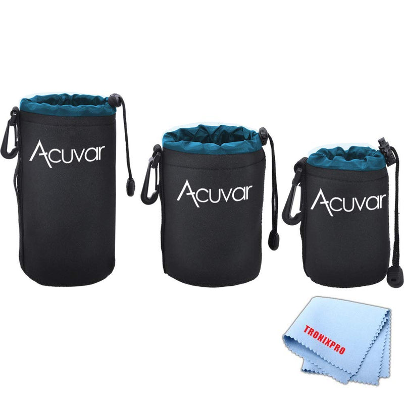 3 Soft Neoprene Lens Pouches for Digital Camera DSLR Lenses. Small, Medium and Large for Canon, Sony, Pentax, Nikon, Olympus, Panasonic, Nikkor with Drawstring | Water Resistant