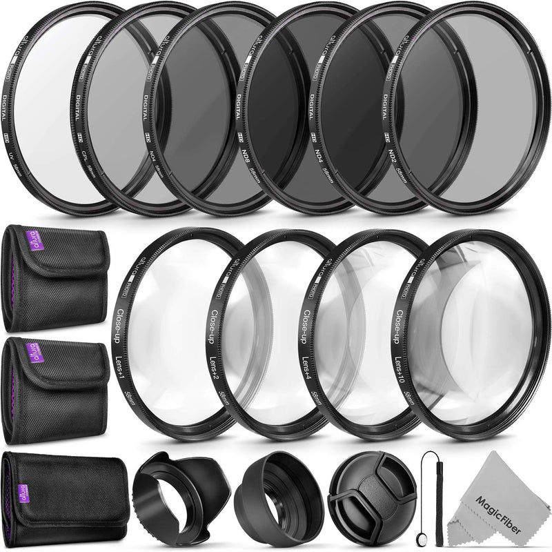 58MM Complete Lens Filter Accessory Kit (UV, CPL, ND4, ND2, ND4, ND8 and Macro Lens Set) for Canon EOS 70D 77D 80D 90D Rebel T8i T7 T7i T6i T6s T6 SL2 SL3 DSLR Cameras 58MM