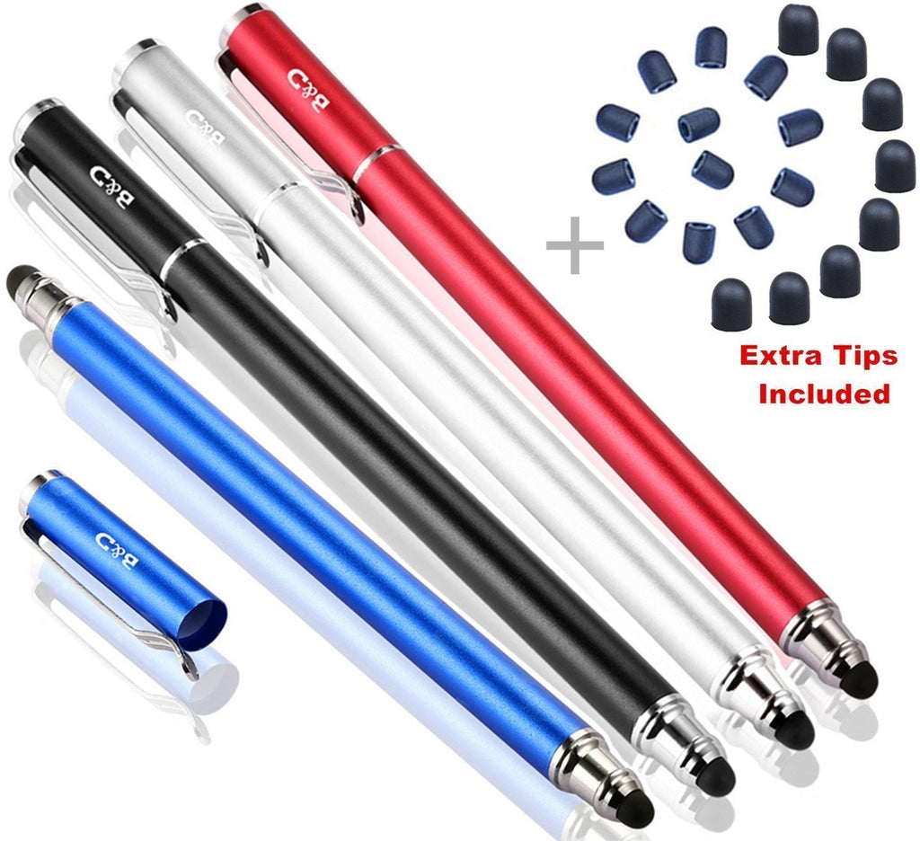 Bargains Depot Capacitive Stylus / Styli 2-in-1 Universal Stylus Pens for All Touch Screen Tablets / Cell Phones with 20 Extra Replaceable Soft Rubber Tips (4 Pieces, Black/Red/Silver/Blue) Black&Red&Silver&Blue