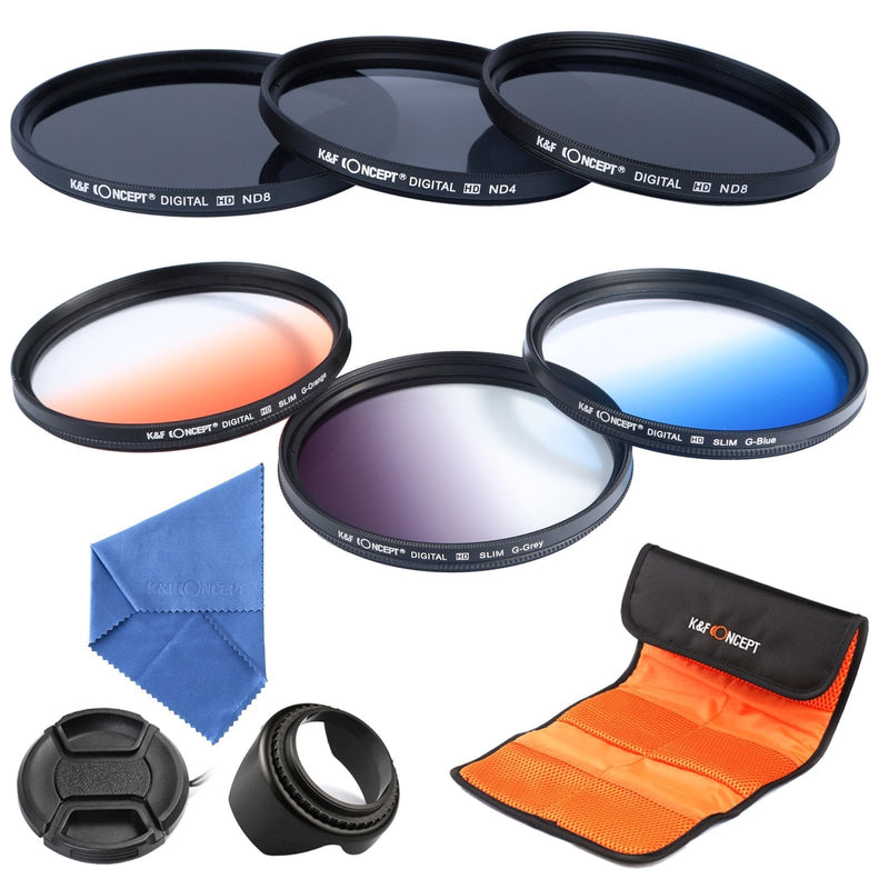 K&F Concept 62mm 6pcs Lens Filter Kit ND2 ND4 ND8 Neutral Density ND Filter Slim Graduated Color Blue Orange Gray for DSLR Camera