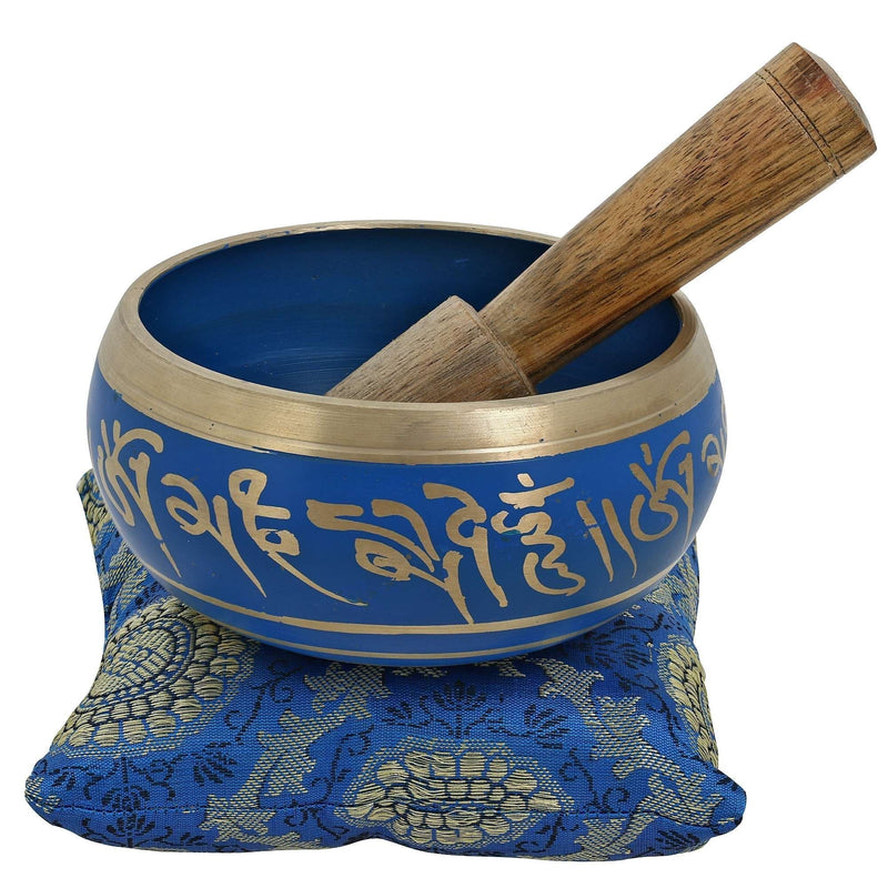 Tibetan Buddhist Small Hand Painted Singing Bowl with Cushion from India for Meditation Sound Healing Prayer Percussion Musical Instrument 4 Inch Blue