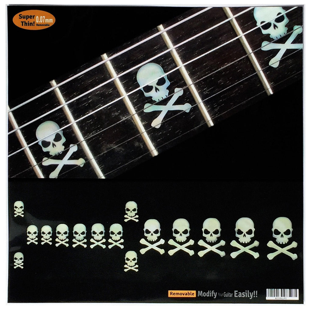 Inlay Sticker Fret Markers for Guitars & Bass - Skull with Crossbones (Sideways) - White Pearl