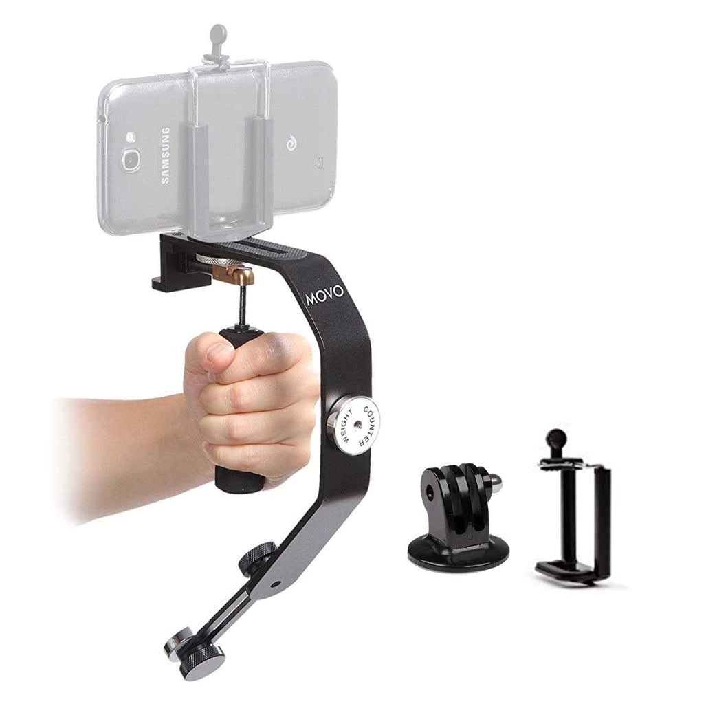 Movo Handheld Video Stabilizer System Compatible with GoPro Hero, HERO2, HERO3, HERO4, HERO5, HERO6, HERO7 & Apple iPhone 5, 5S, 6, 6S, 7, 8, X, XS, XS Max, Samsung Galaxy + Note Smartphones