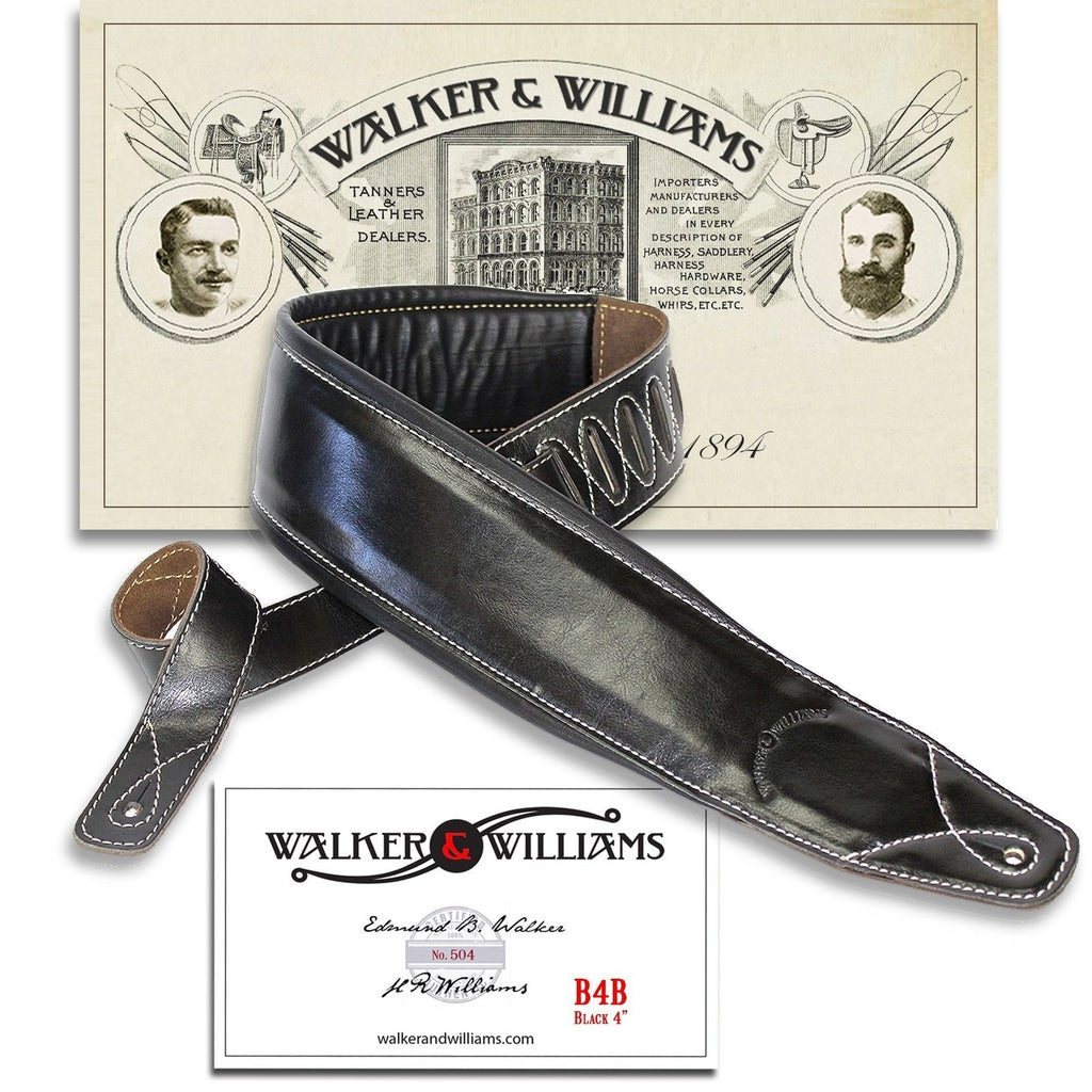 Walker & Williams Super Wide 4" Double Padded Top Grain Black Leather Bass Strap