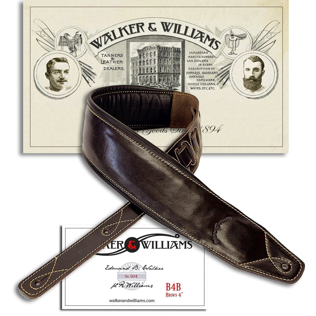 Walker & Williams Super Wide 4" Double Padded Top Grain Dark Brown Leather Bass Strap